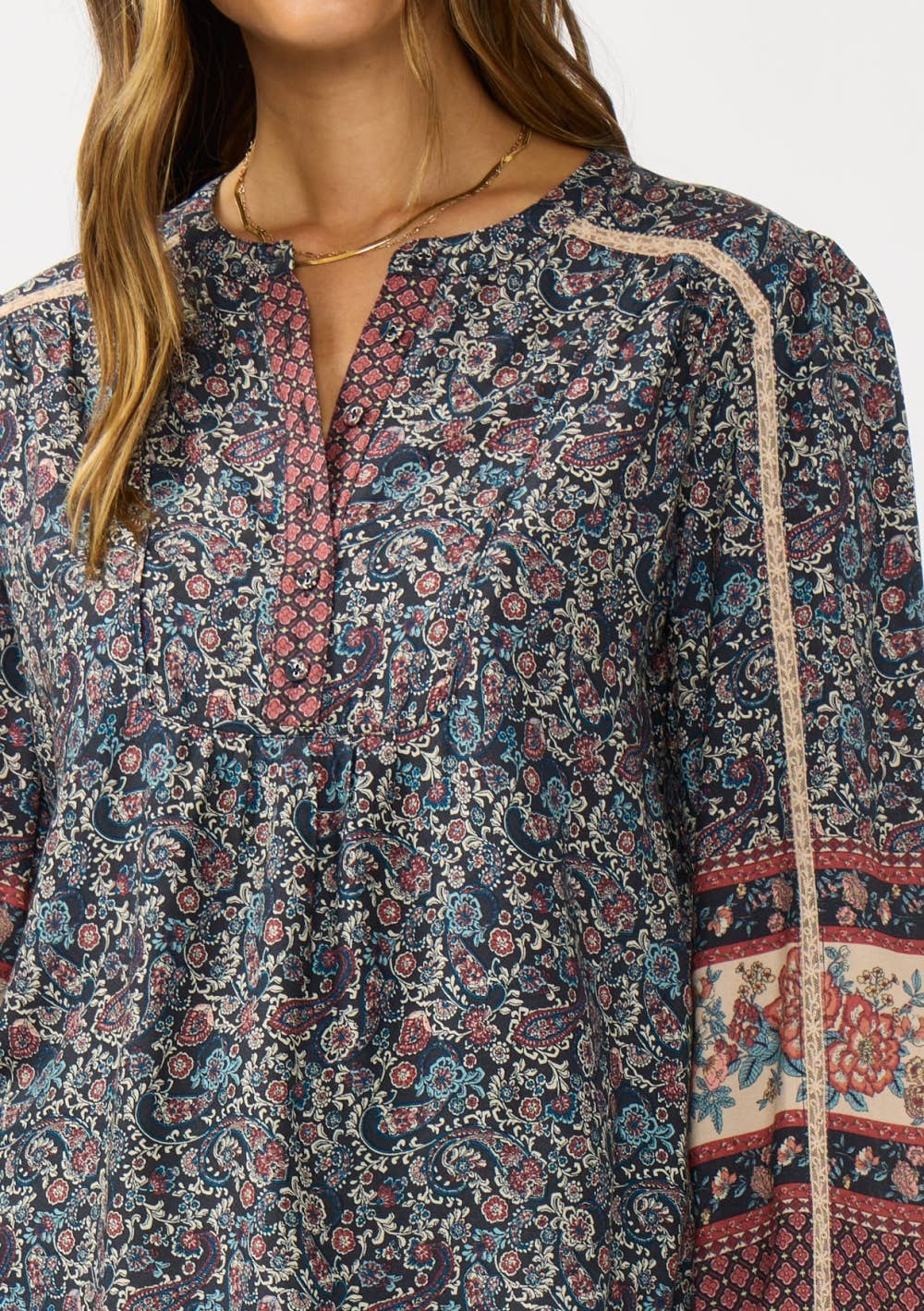 Border Print Lace Trim Blouse