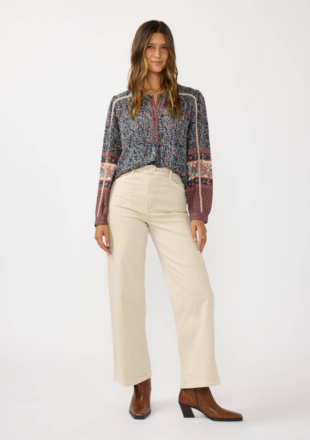Border Print Lace Trim Blouse