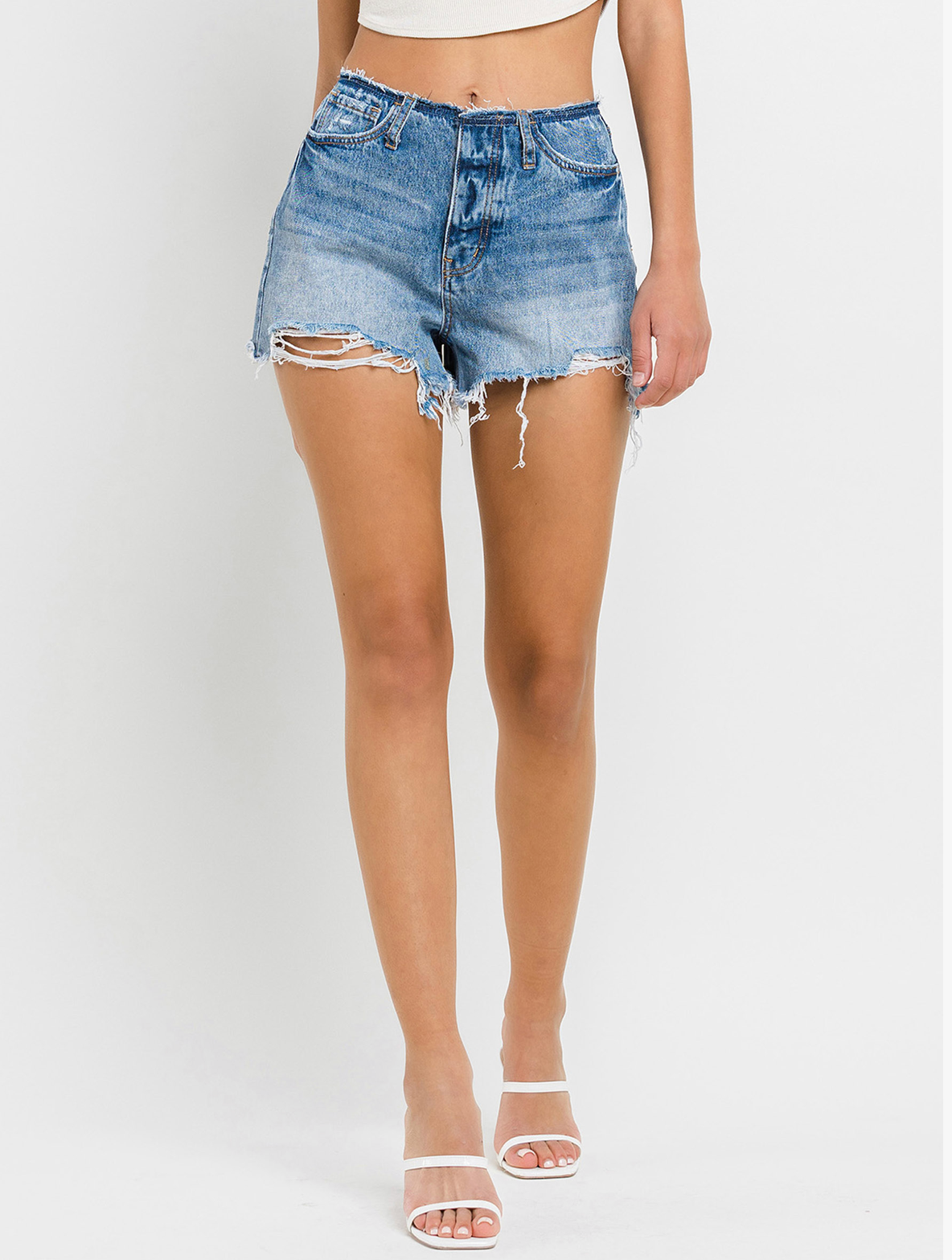HIGH RISE BANDELSS DISTRESSED SHORTS