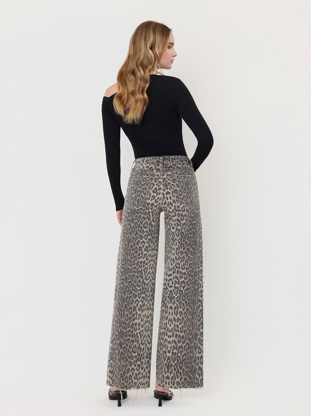 Leopard - High Rise Side Seam Detail Wide Leg Jeans