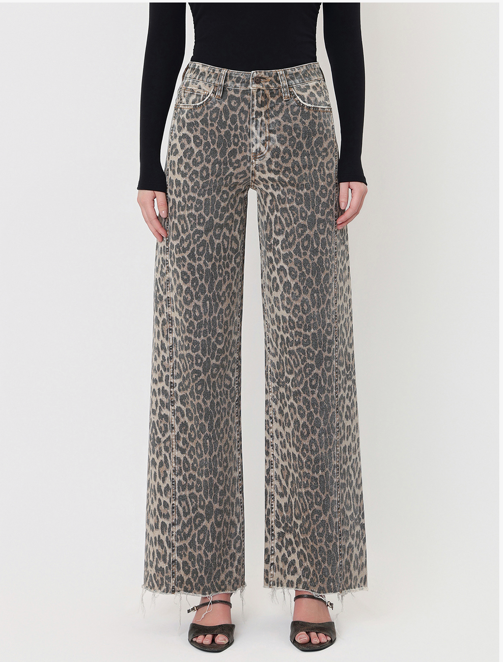 Leopard - High Rise Side Seam Detail Wide Leg Jeans