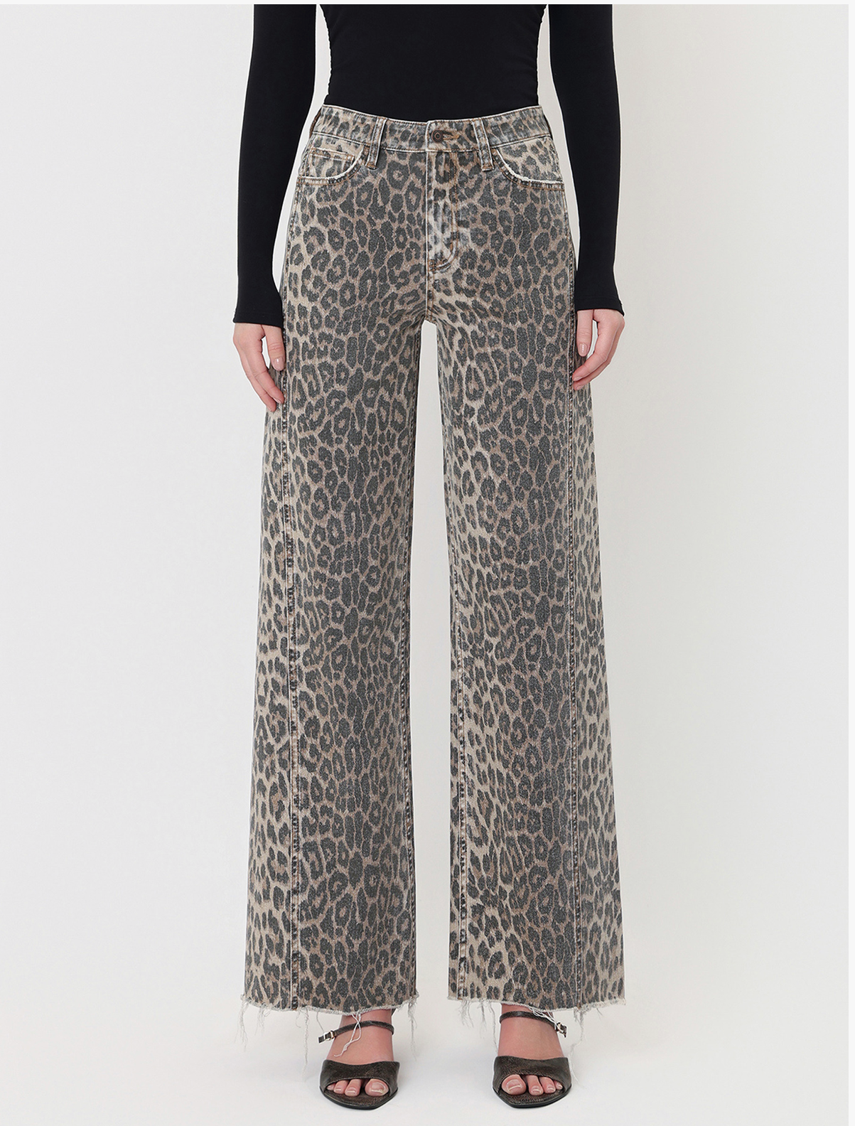Leopard - High Rise Side Seam Detail Wide Leg Jeans