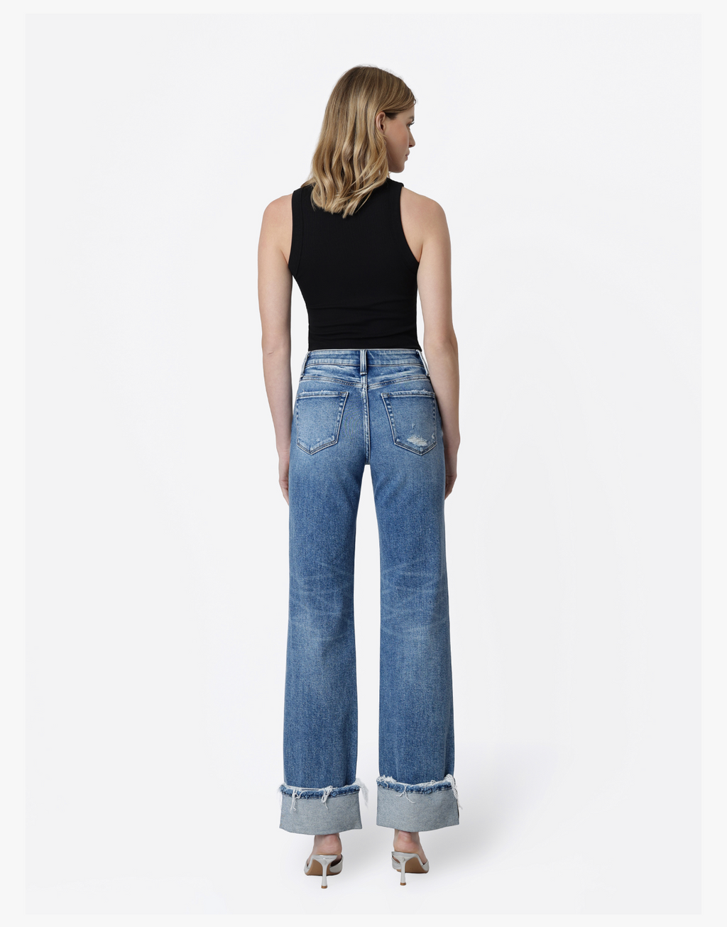 HIGH RISE DISTRESSED CUFFED SLIM WIDE JEANS