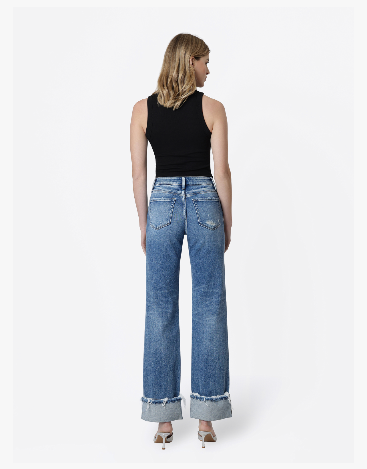 HIGH RISE DISTRESSED CUFFED SLIM WIDE JEANS