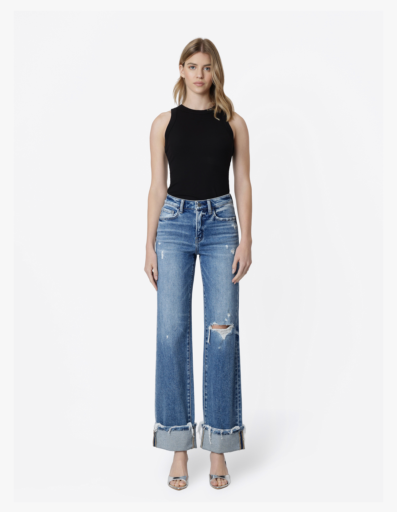 HIGH RISE DISTRESSED CUFFED SLIM WIDE JEANS
