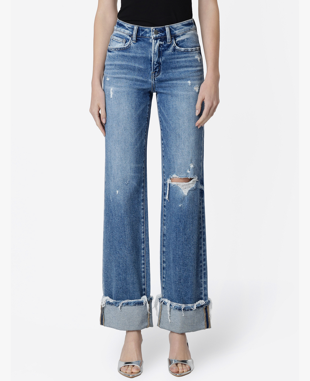 HIGH RISE DISTRESSED CUFFED SLIM WIDE JEANS