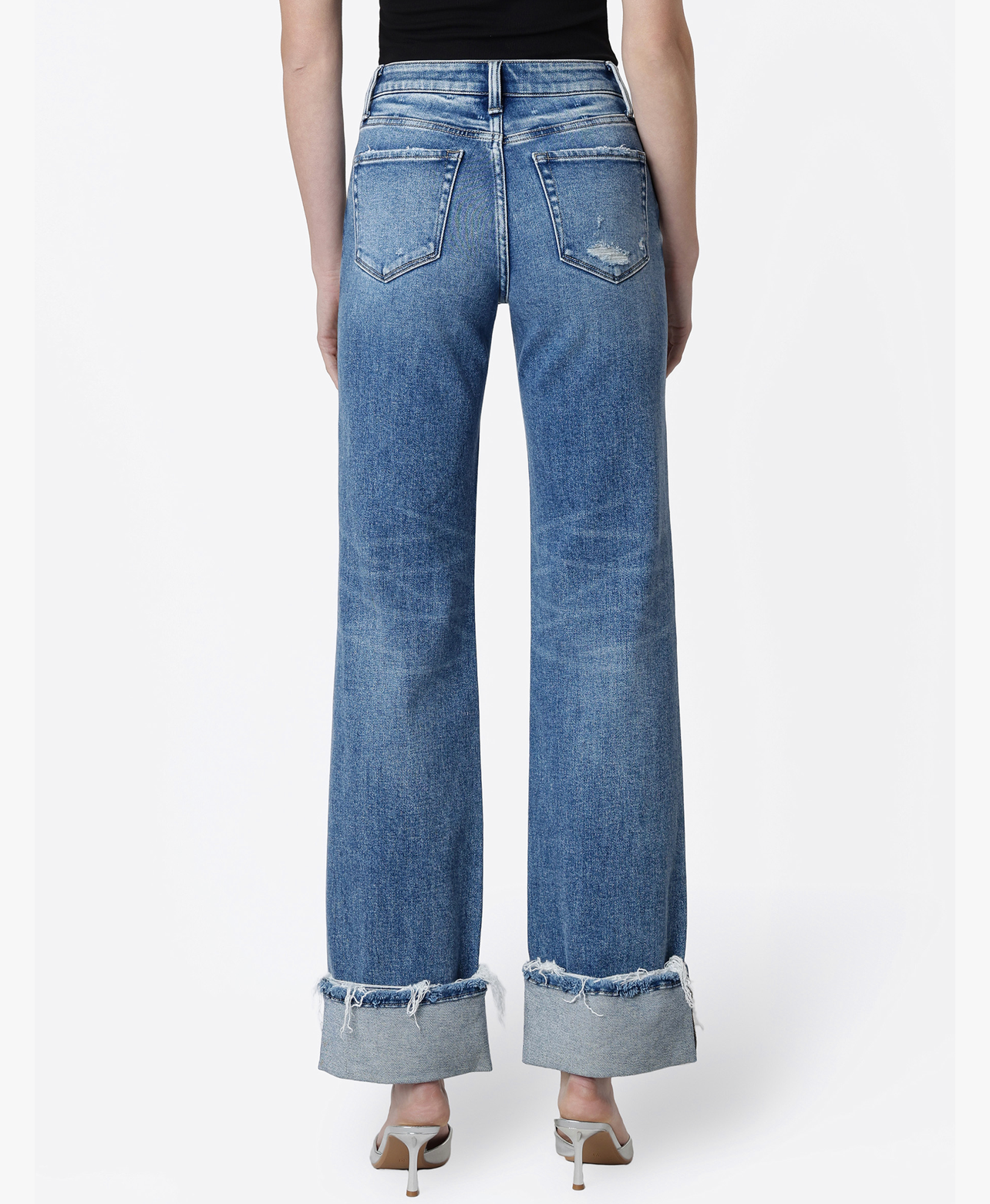 HIGH RISE DISTRESSED CUFFED SLIM WIDE JEANS