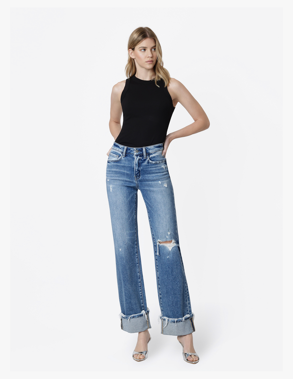 HIGH RISE DISTRESSED CUFFED SLIM WIDE JEANS