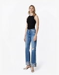 HIGH RISE DISTRESSED CUFFED SLIM WIDE JEANS