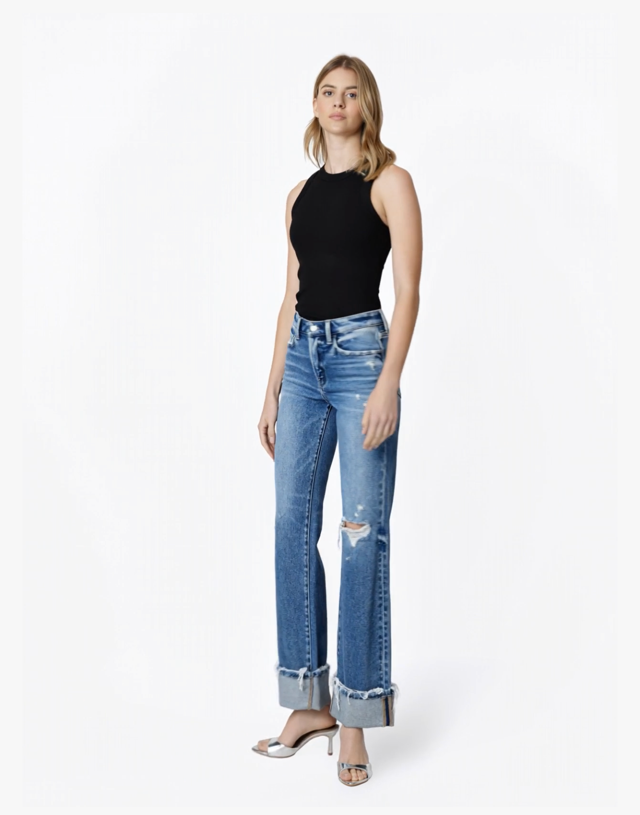 HIGH RISE DISTRESSED CUFFED SLIM WIDE JEANS