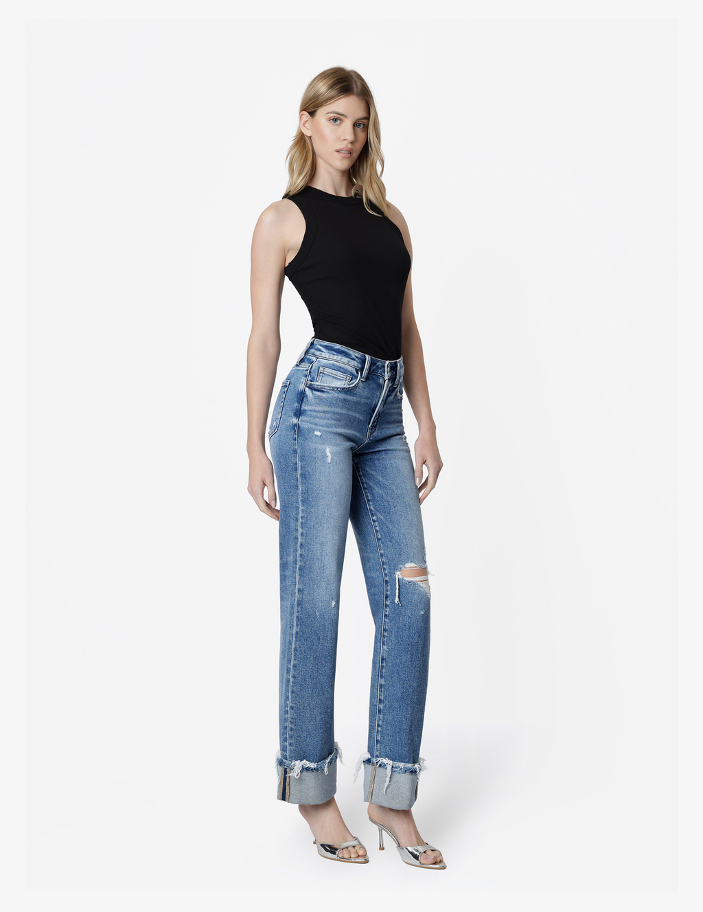 HIGH RISE DISTRESSED CUFFED SLIM WIDE JEANS
