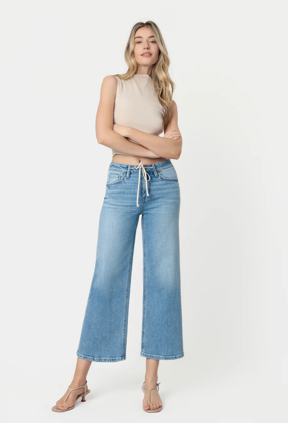 Divine - High Rise Trouser Fold Drawstring Crop Wide Leg Jeans