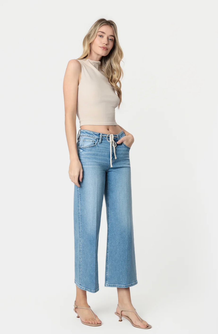 Divine - High Rise Trouser Fold Drawstring Crop Wide Leg Jeans