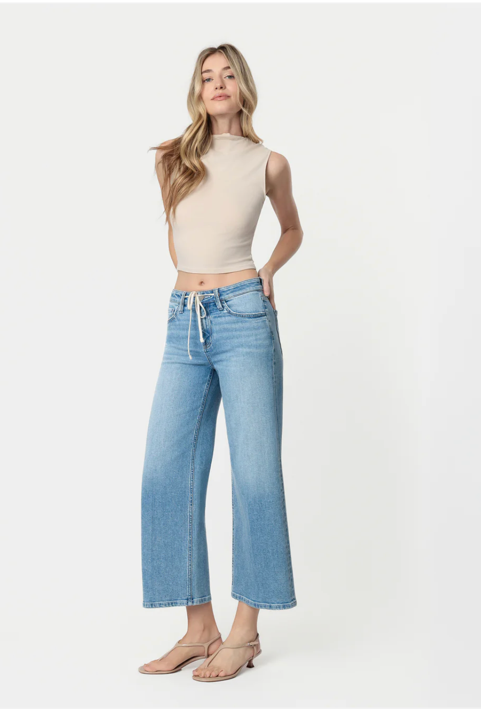 Divine - High Rise Trouser Fold Drawstring Crop Wide Leg Jeans