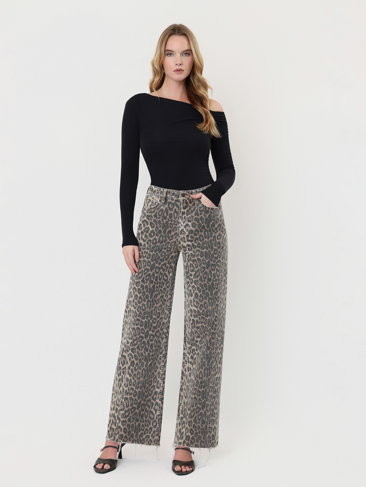 Leopard - High Rise Side Seam Detail Wide Leg Jeans