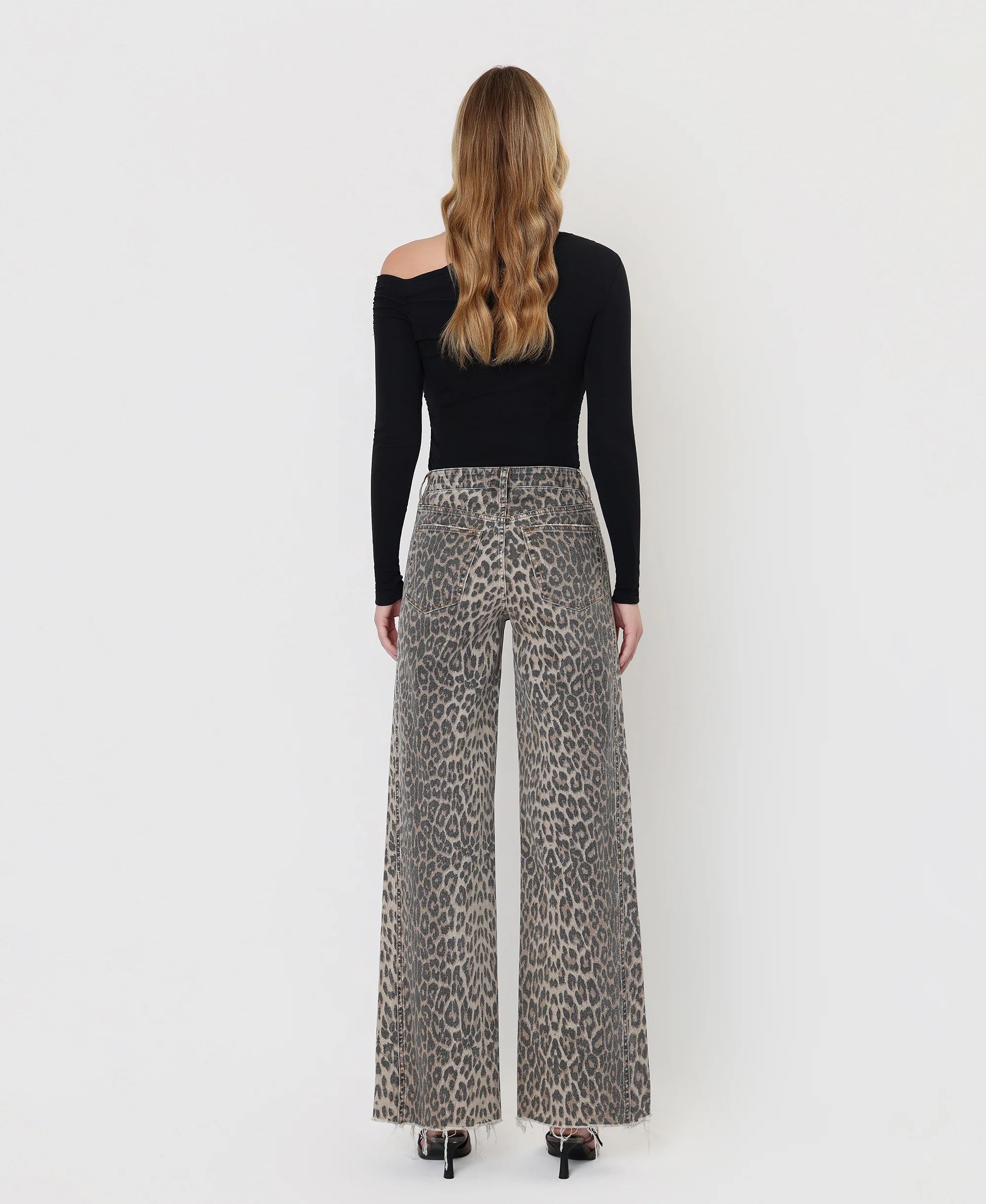 Leopard - High Rise Side Seam Detail Wide Leg Jeans