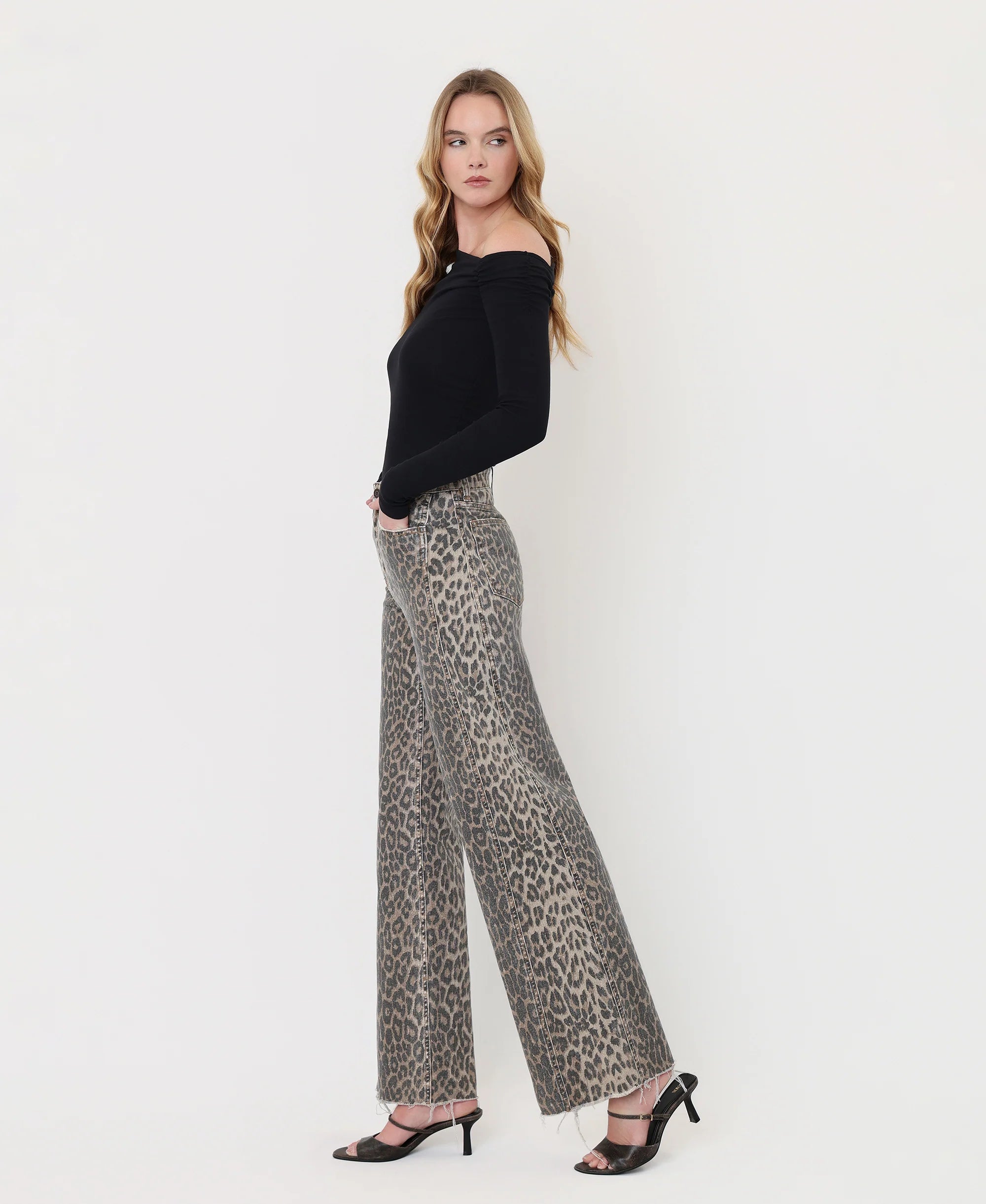 Leopard - High Rise Side Seam Detail Wide Leg Jeans