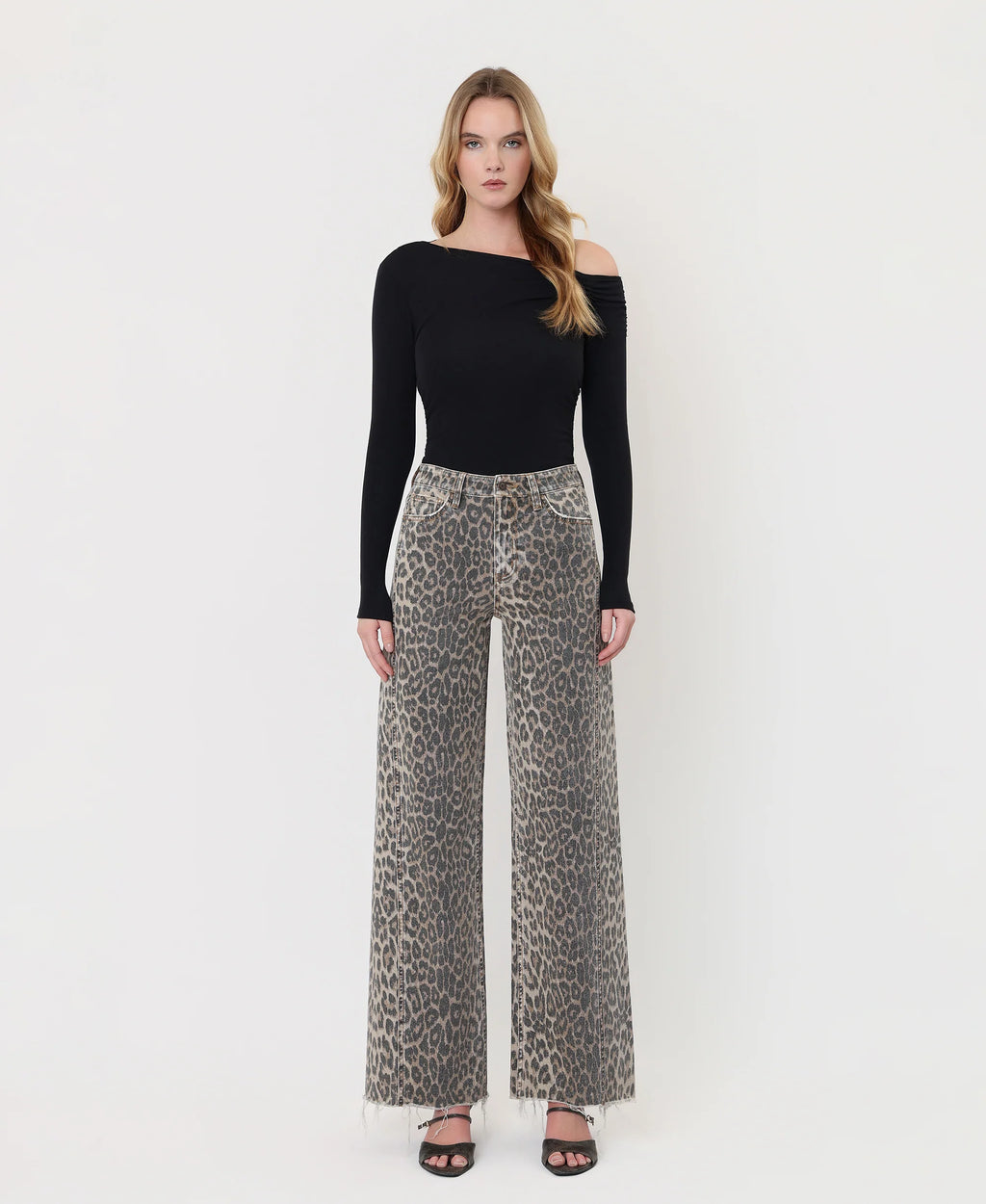 Leopard - High Rise Side Seam Detail Wide Leg Jeans
