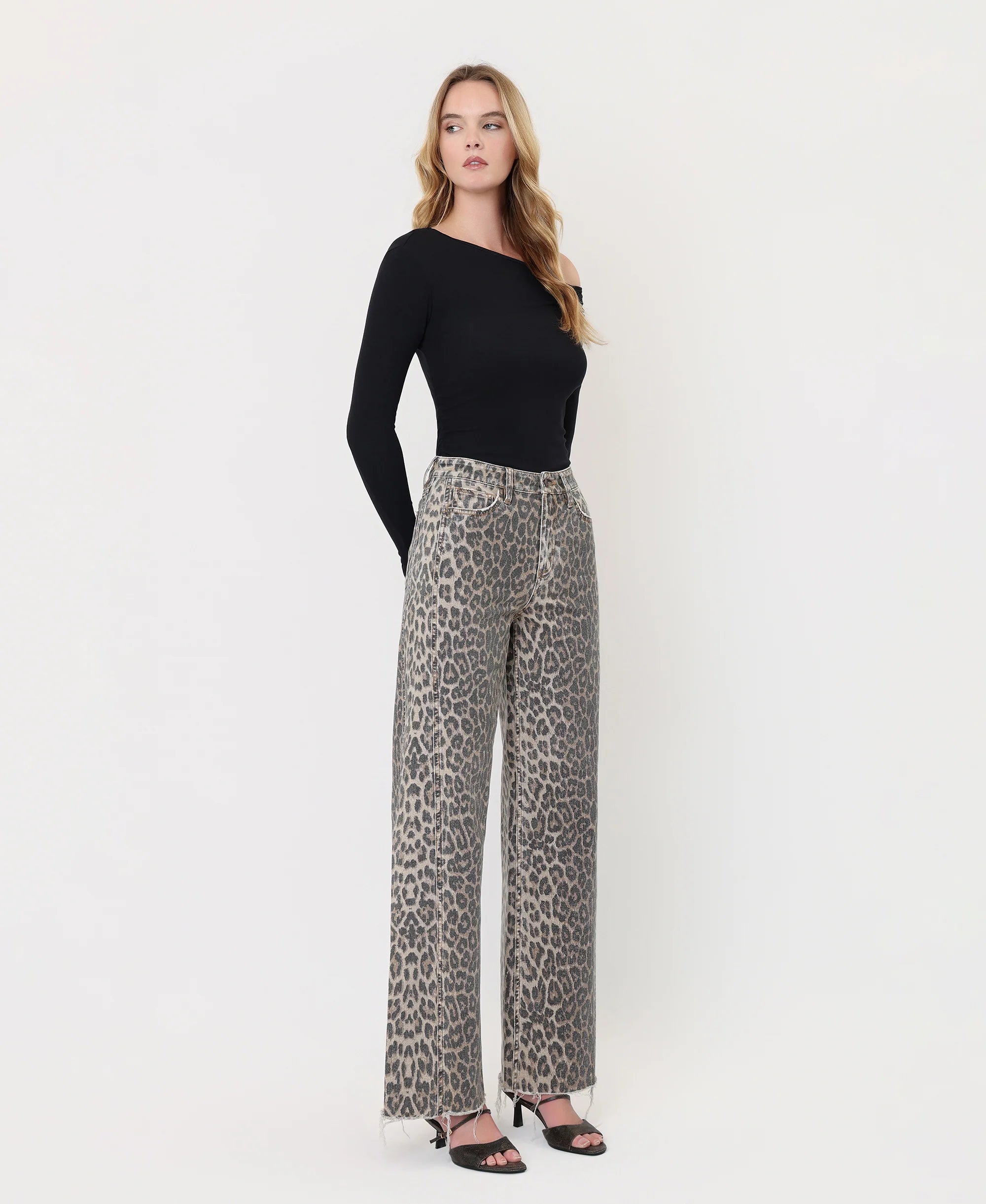 Leopard - High Rise Side Seam Detail Wide Leg Jeans