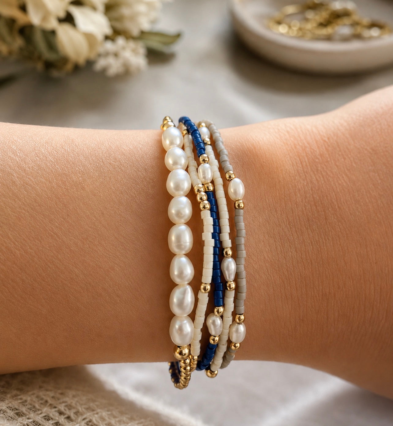 Game Day - Pearl, White & Gold-Filled Waterproof Bracelets