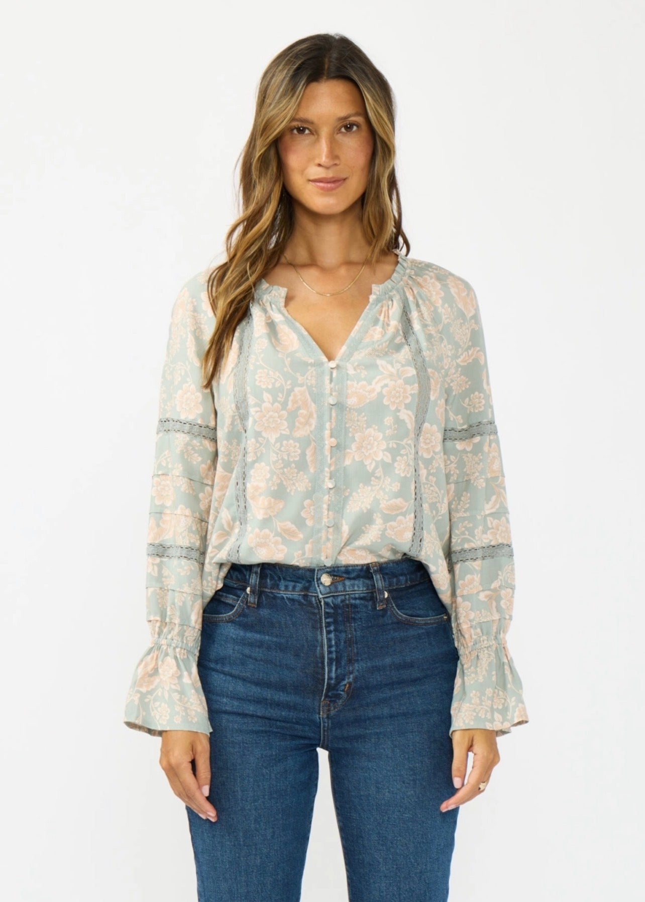 Long Sleeve Button Front Blouse w/ Lace Trim