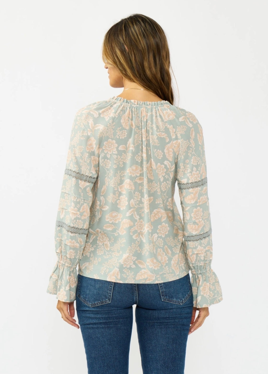 Long Sleeve Button Front Blouse w/ Lace Trim