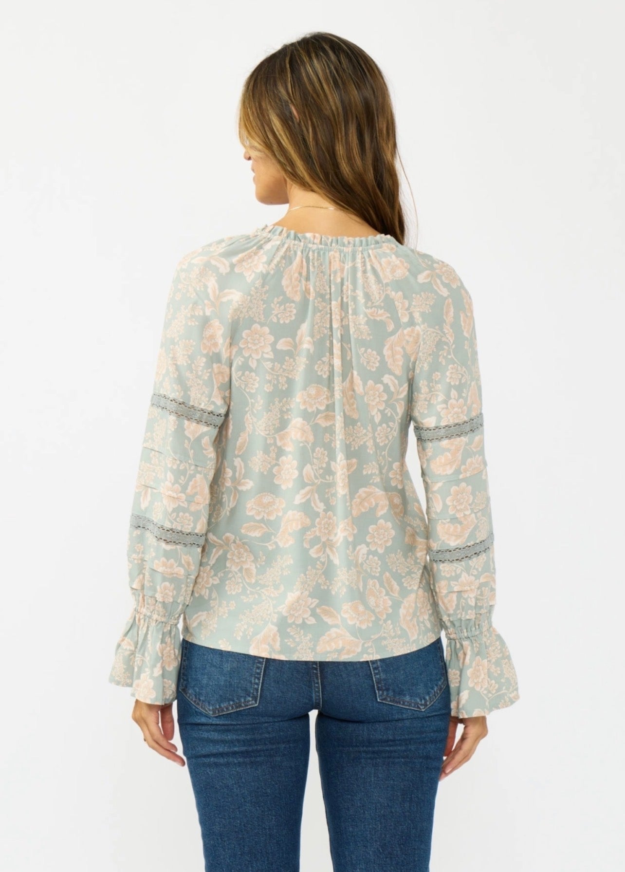 Long Sleeve Button Front Blouse w/ Lace Trim