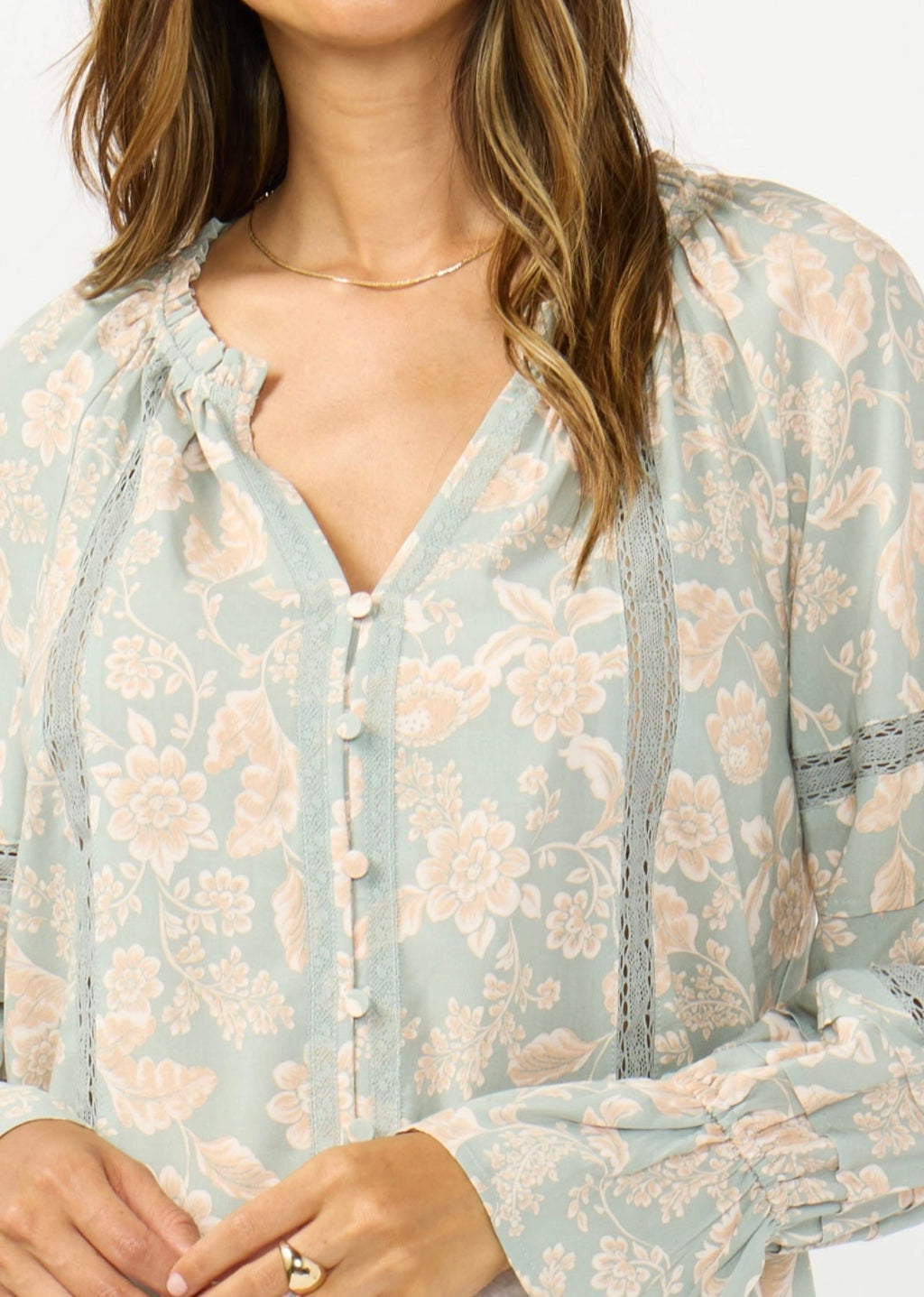Long Sleeve Button Front Blouse w/ Lace Trim
