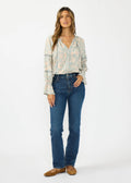 Long Sleeve Button Front Blouse w/ Lace Trim