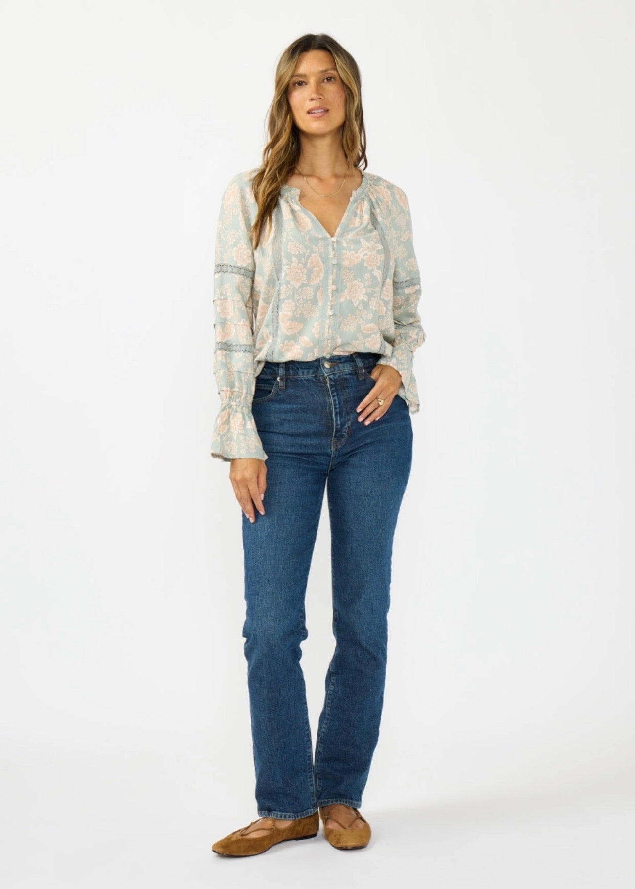 Long Sleeve Button Front Blouse w/ Lace Trim