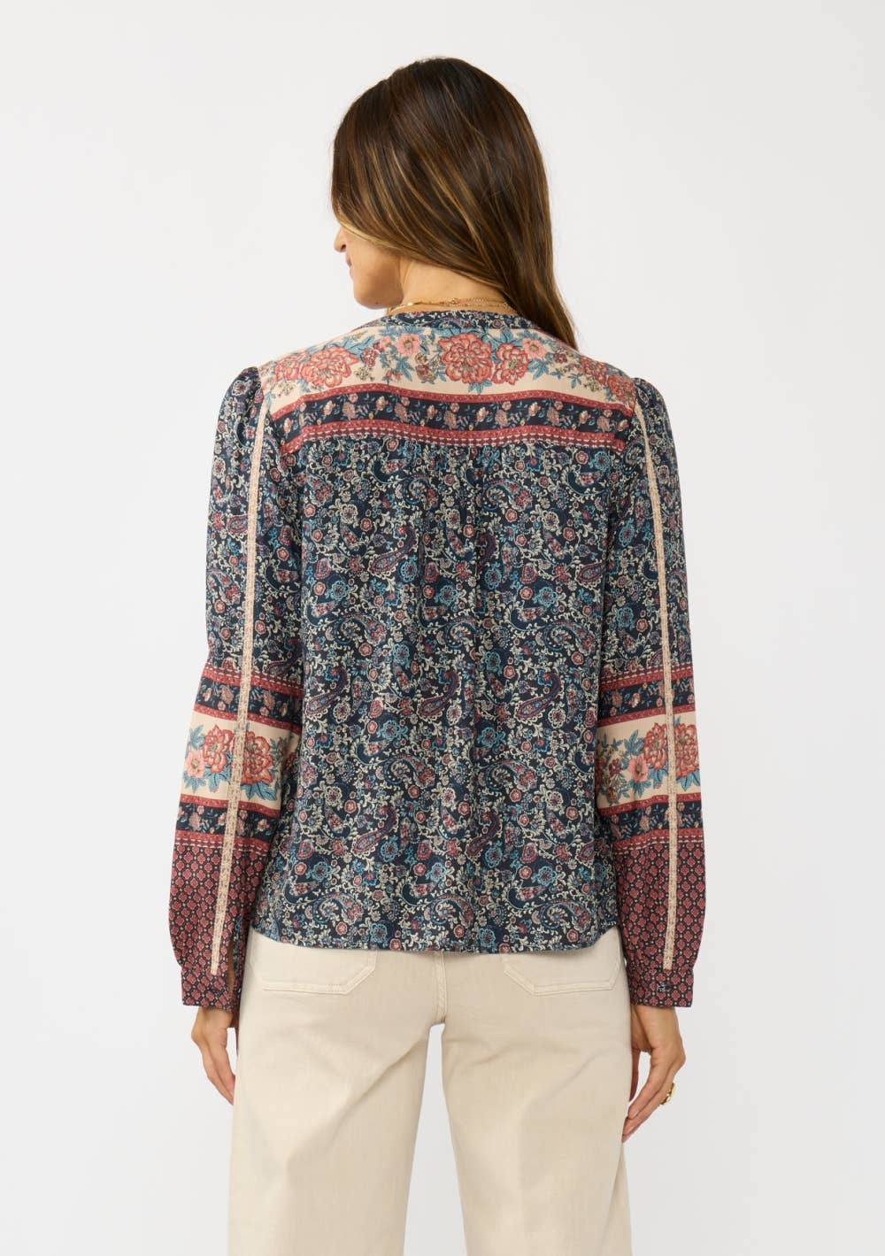 Border Print Lace Trim Blouse
