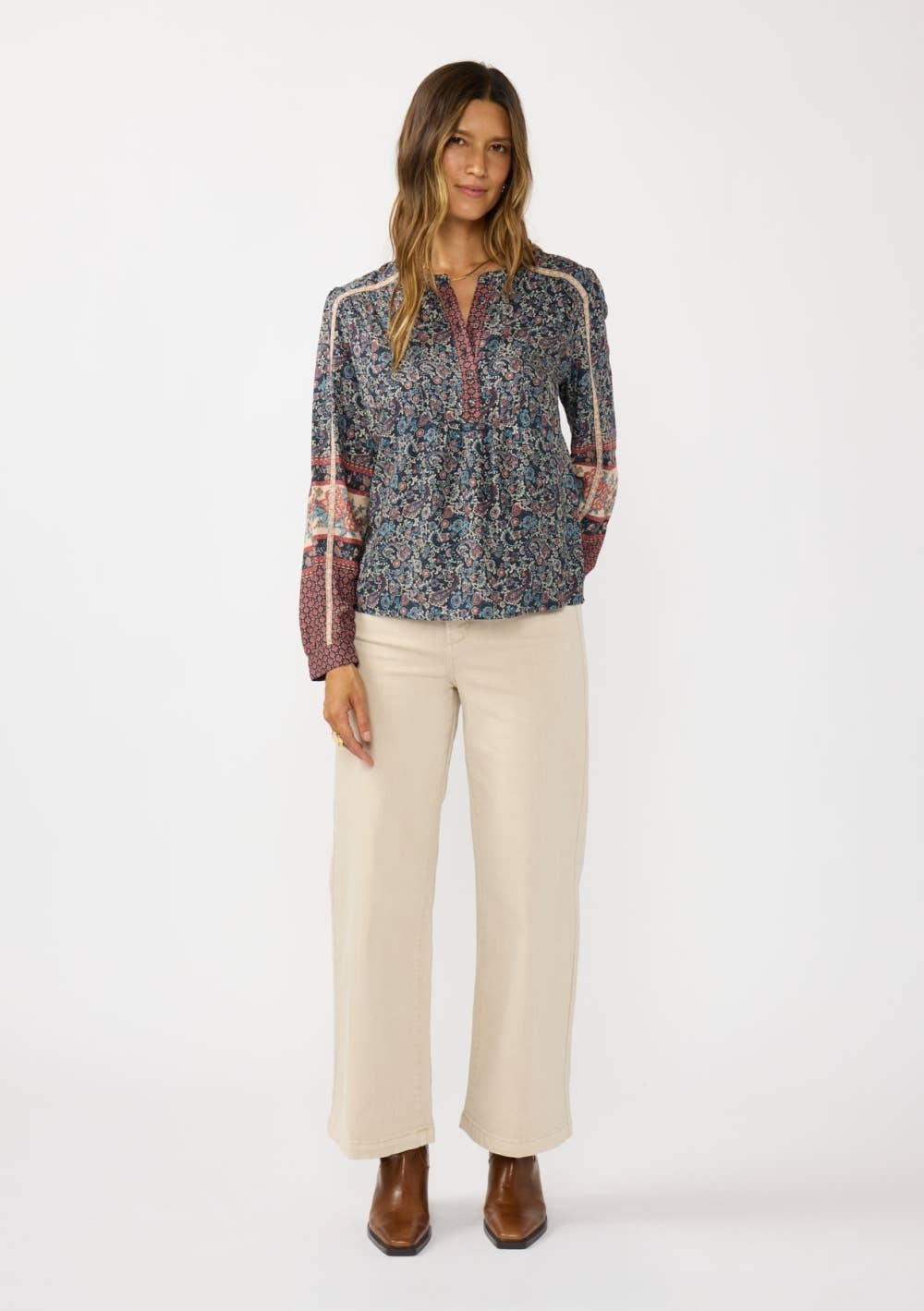 Border Print Lace Trim Blouse