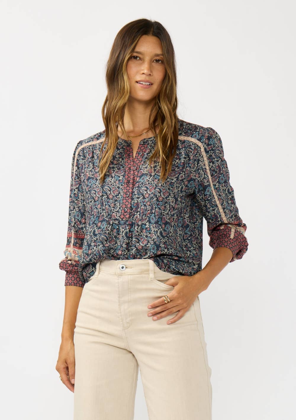 Border Print Lace Trim Blouse
