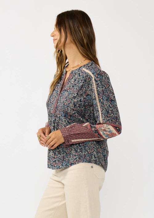 Border Print Lace Trim Blouse