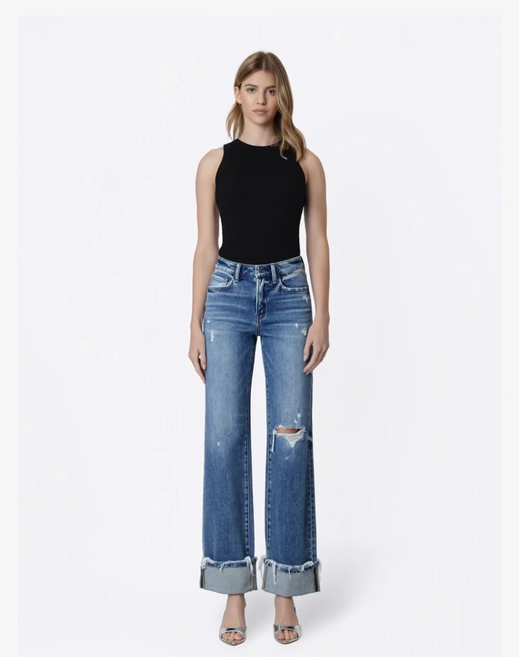 HIGH RISE DISTRESSED CUFFED SLIM WIDE JEANS