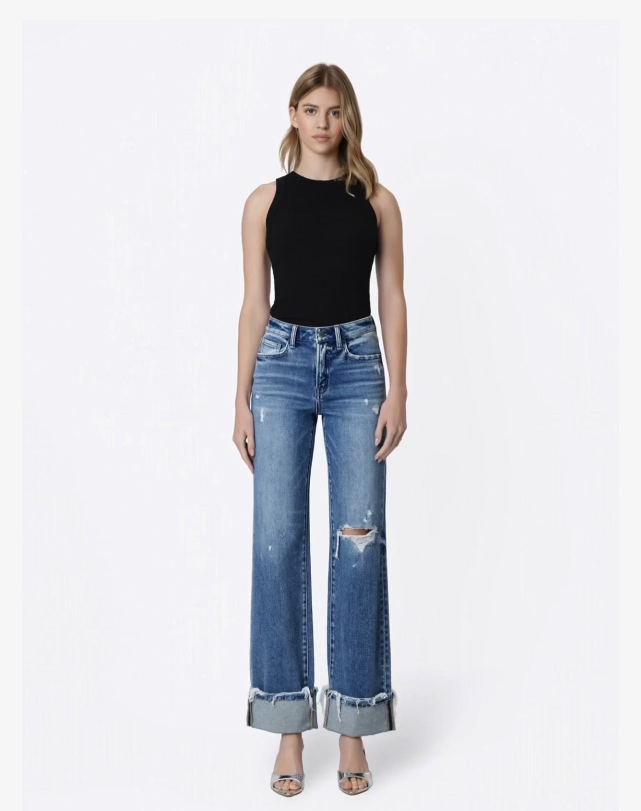 HIGH RISE DISTRESSED CUFFED SLIM WIDE JEANS