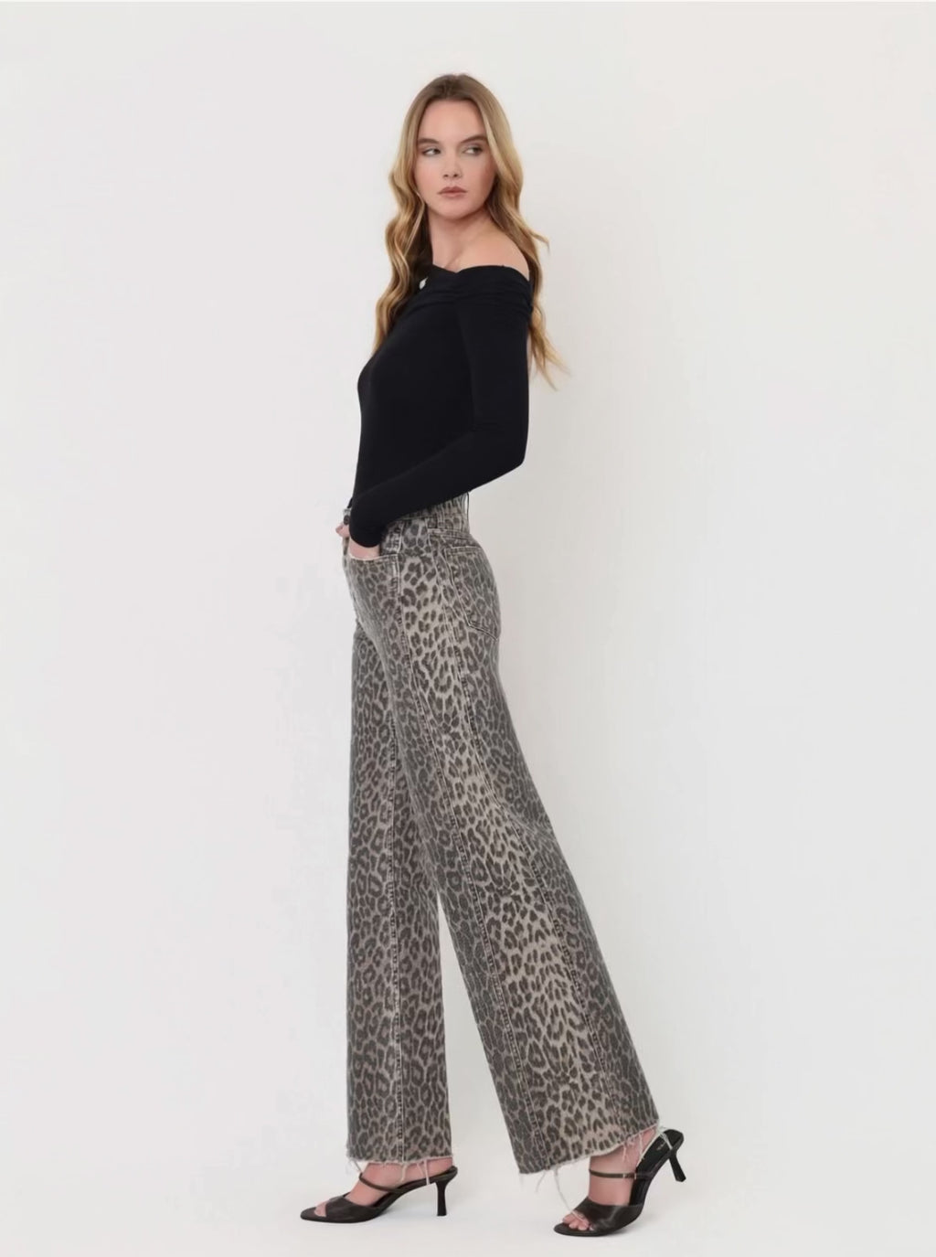 Leopard - High Rise Side Seam Detail Wide Leg Jeans